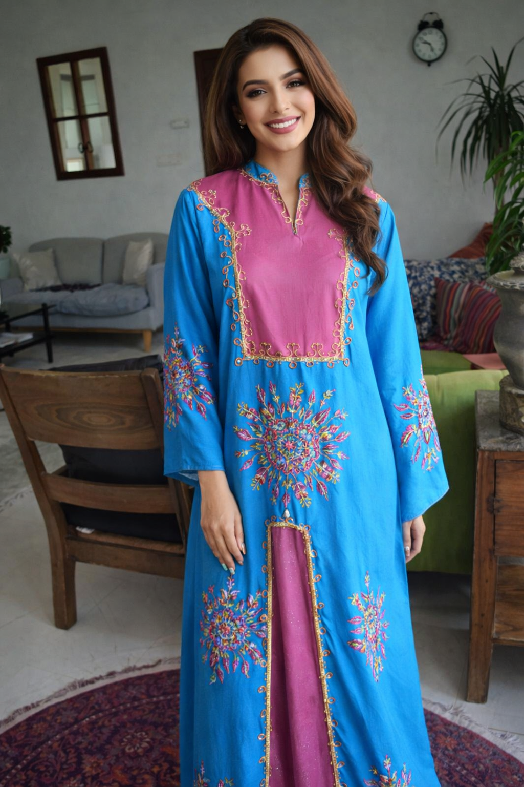 Luxury Brazilian Embroidered Abaya - Vibrant Turquoise 3