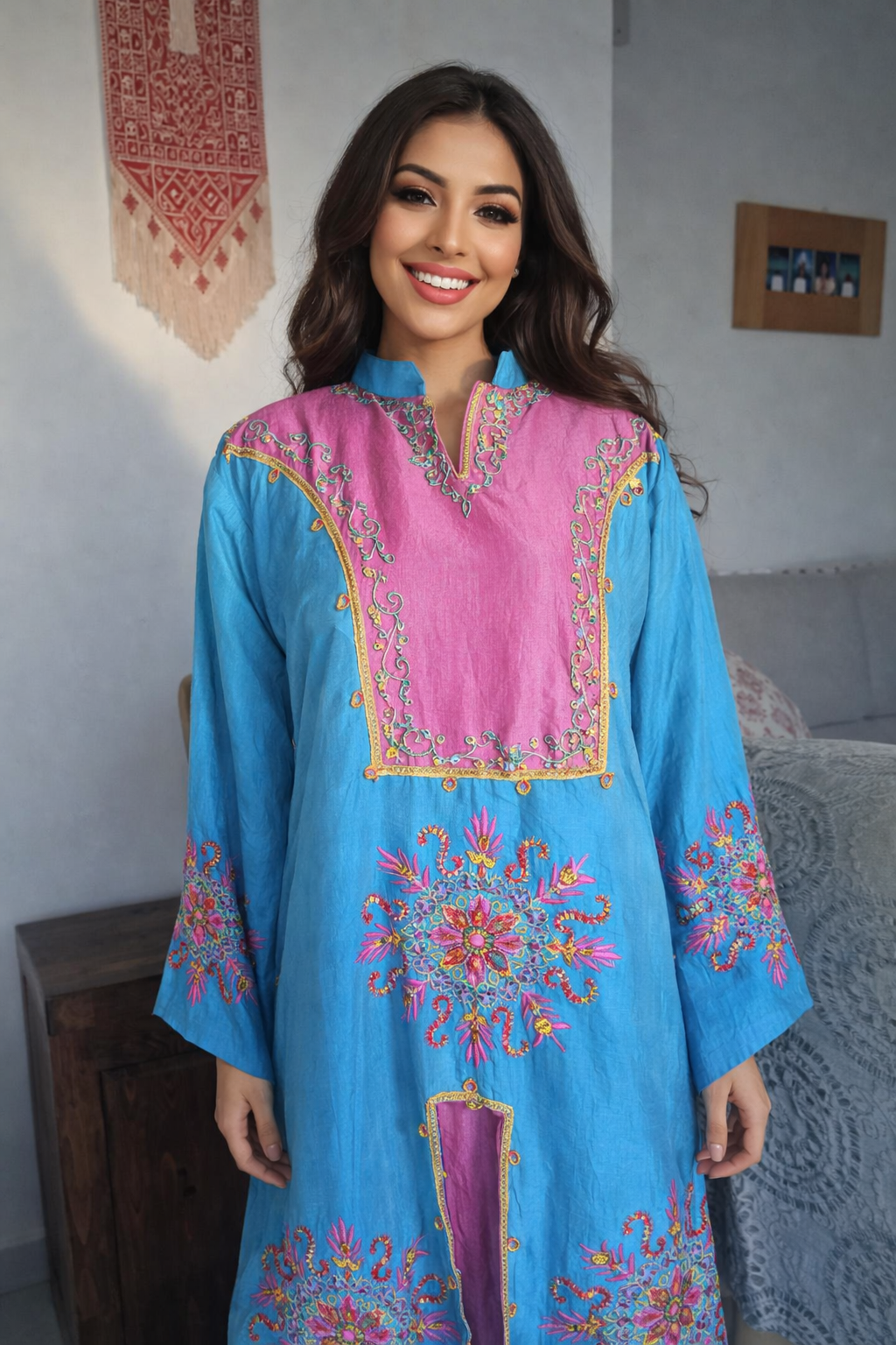 Luxury Brazilian Embroidered Abaya - Vibrant Turquoise 2