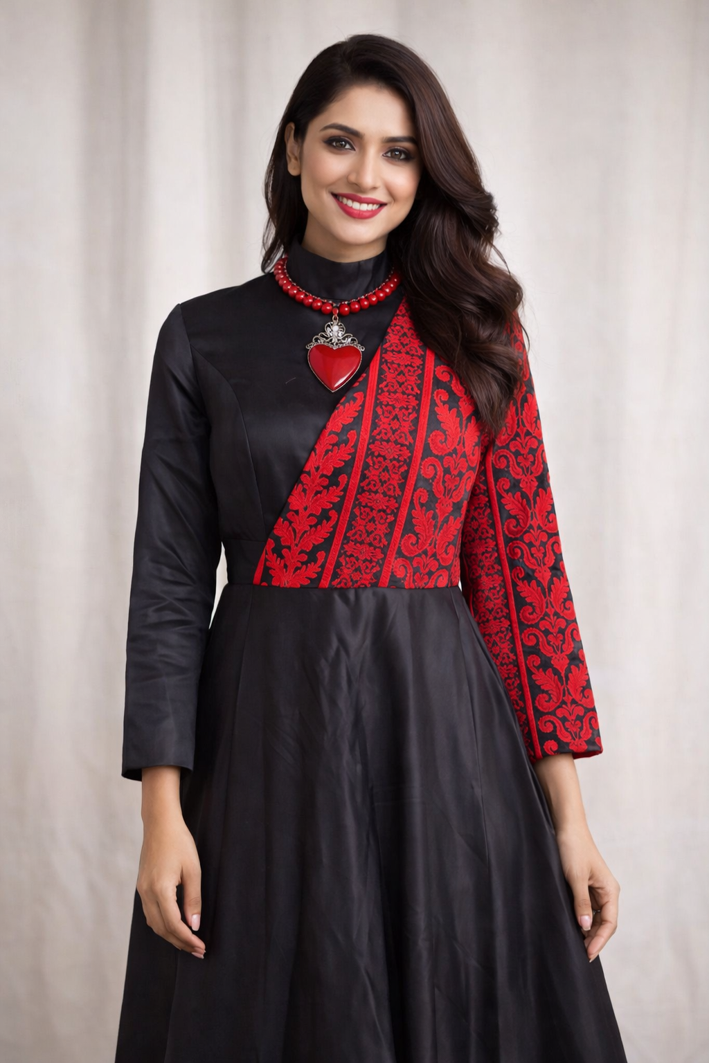 Cultural Statement Dress - Black A-Line Gown with Red Artisan Stitches 2