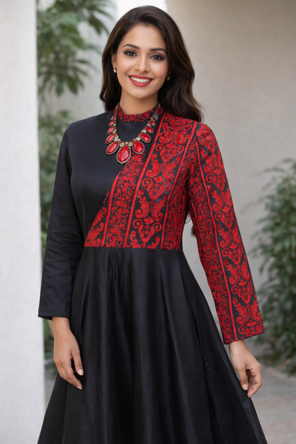 Cultural Statement Dress - Black A-Line Gown with Red Artisan Stitches 4