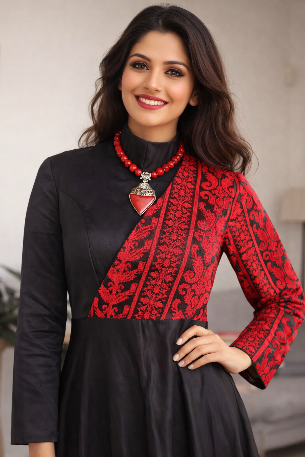 Cultural Statement Dress - Black A-Line Gown with Red Artisan Stitches 1