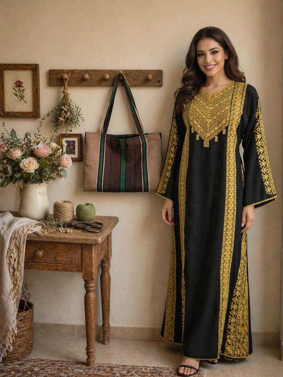 Golden Heritage Set: Embroidered Gold Thobe & Artisan Floral Tote bag 1