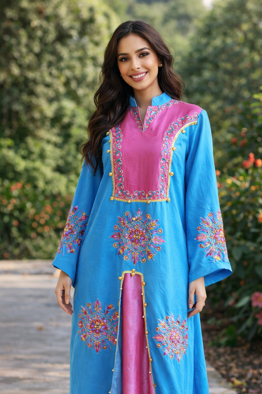 Luxury Brazilian Embroidered Abaya - Vibrant Turquoise 4