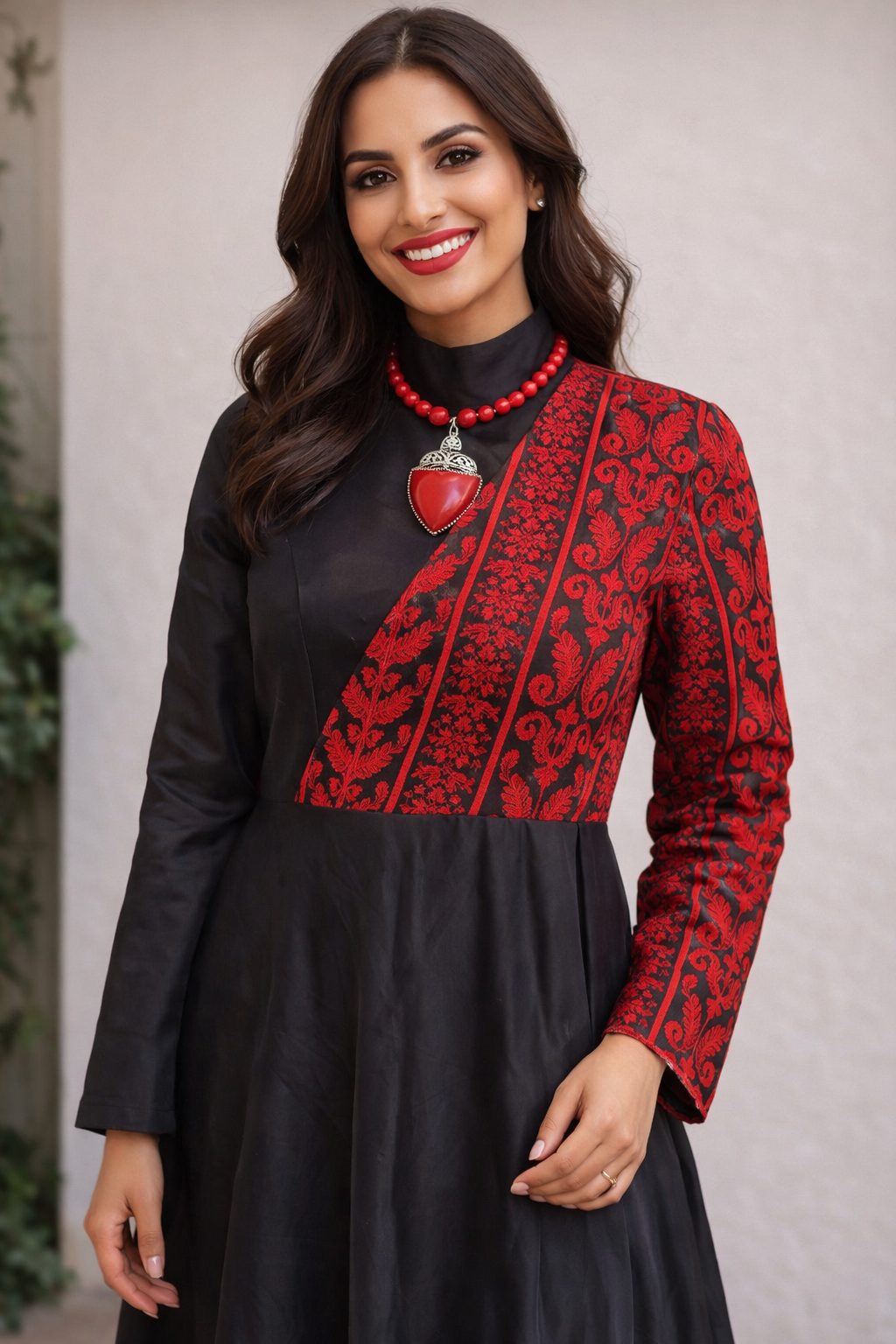 Cultural Statement Dress - Black A-Line Gown with Red Artisan Stitches 3
