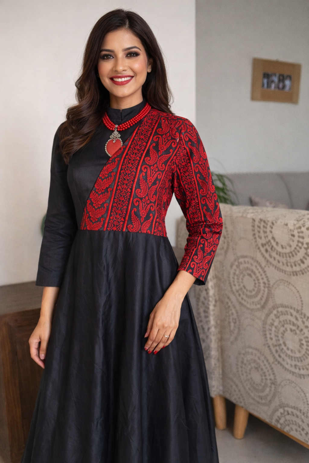 Cultural Statement Dress - Black A-Line Gown with Red Artisan Stitches 5